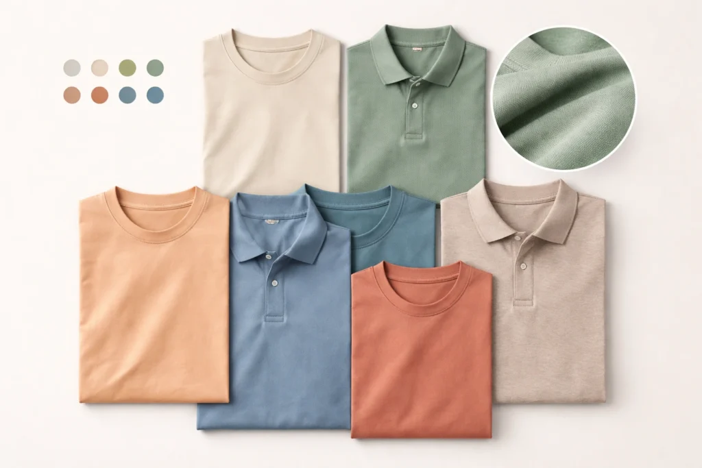 T-shirts and polo shirts in a mix of bold trend colors and neutral core colors on a clean studio background, illustrating strategic color planning.