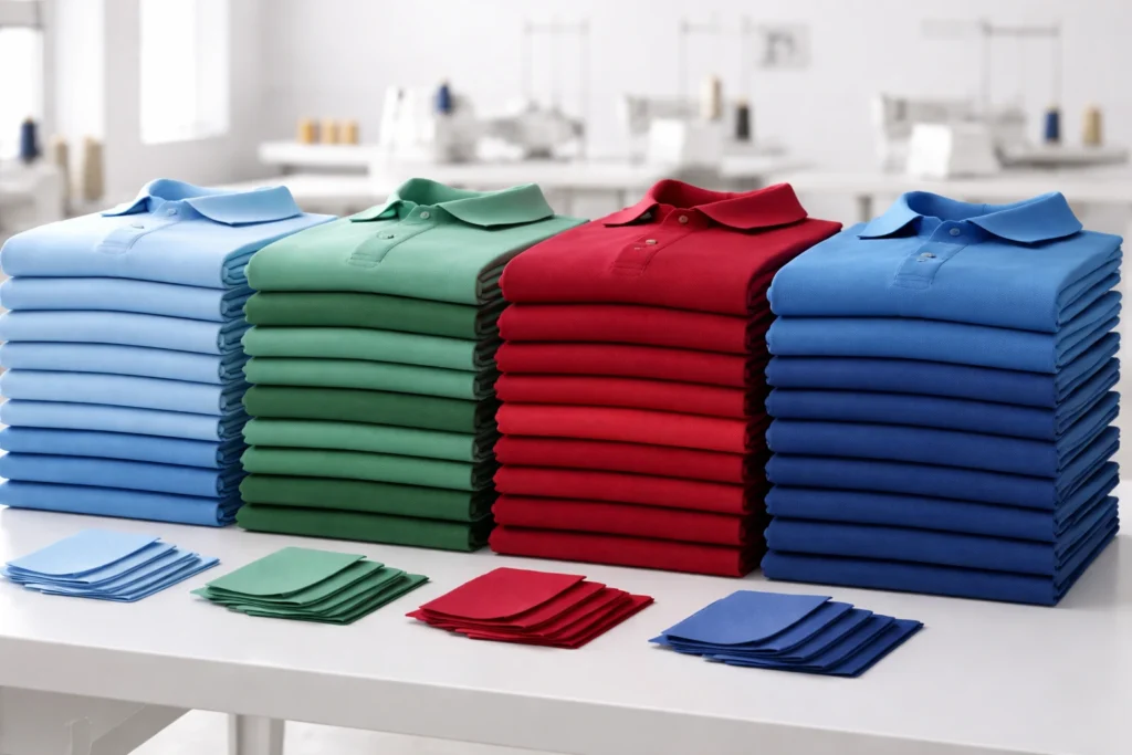 Stacks of T-shirts in consistent color shades with matching fabric swatches in a clean factory setting, illustrating color standardization for repeat apparel orders
