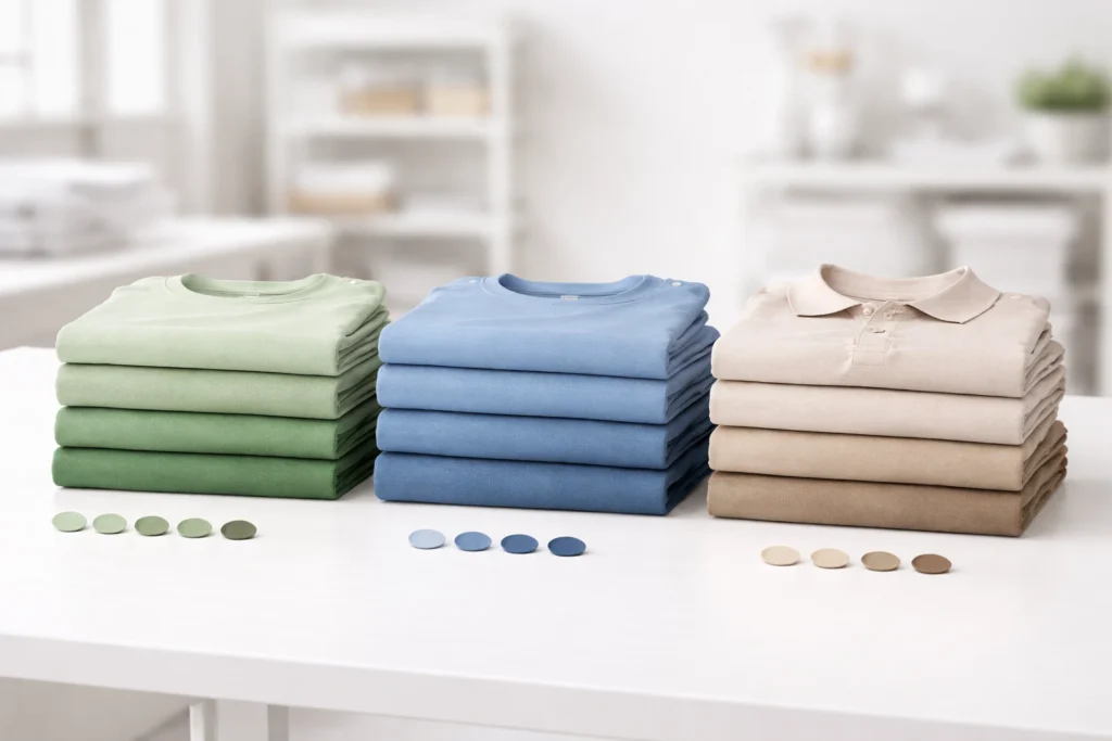 Neatly stacked T-shirts and polo shirts in varying shades with fabric color swatches, displayed in a clean studio environment to illustrate strategic color planning for apparel production