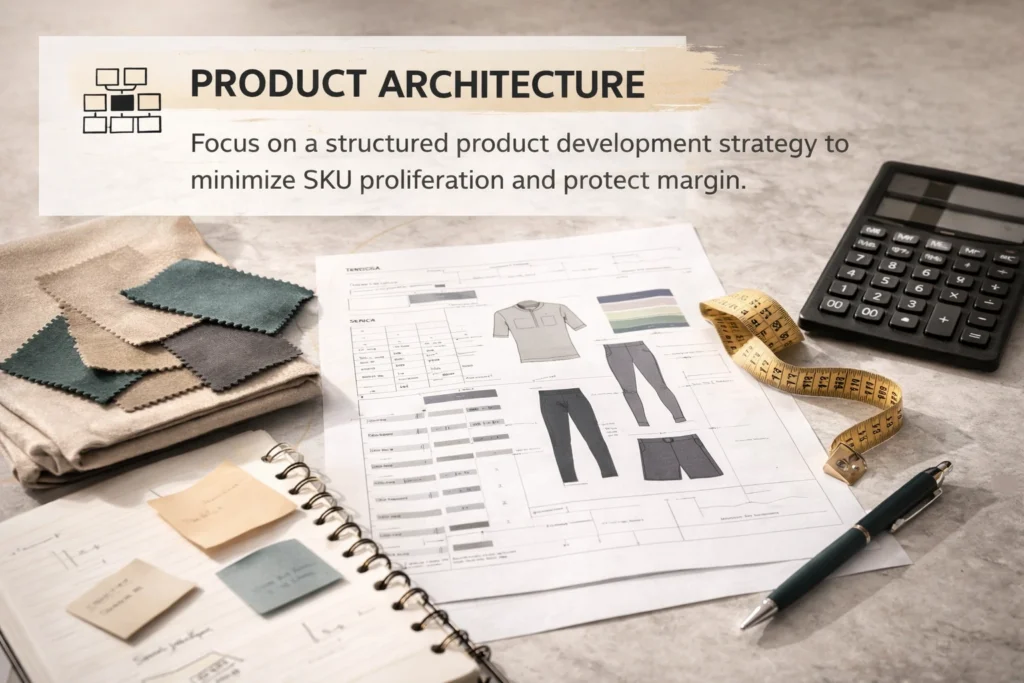 Structured product architecture model for a high-margin athleisure line showing core styles, seasonal updates, and experimental capsule strategy.