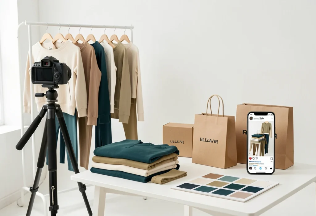 Consistent athleisure brand presentation showing coordinated apparel, professional product photography setup, and cohesive packaging to support a high-margin athleisure line.
