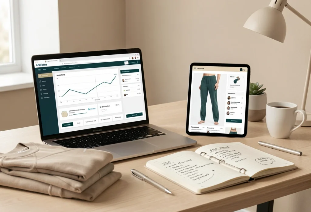 Workspace showing SEO strategy and analytics for a high-margin athleisure line, including product pages, keyword planning, and digital marketing setup.
