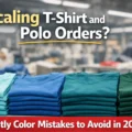 Stacked T-shirts in different shades showing color inconsistency when scaling T-shirt and polo orders in 2026