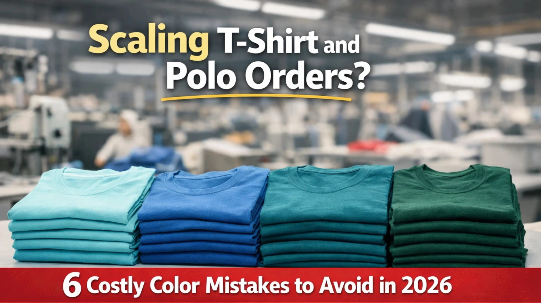 Stacked T-shirts in different shades showing color inconsistency when scaling T-shirt and polo orders in 2026