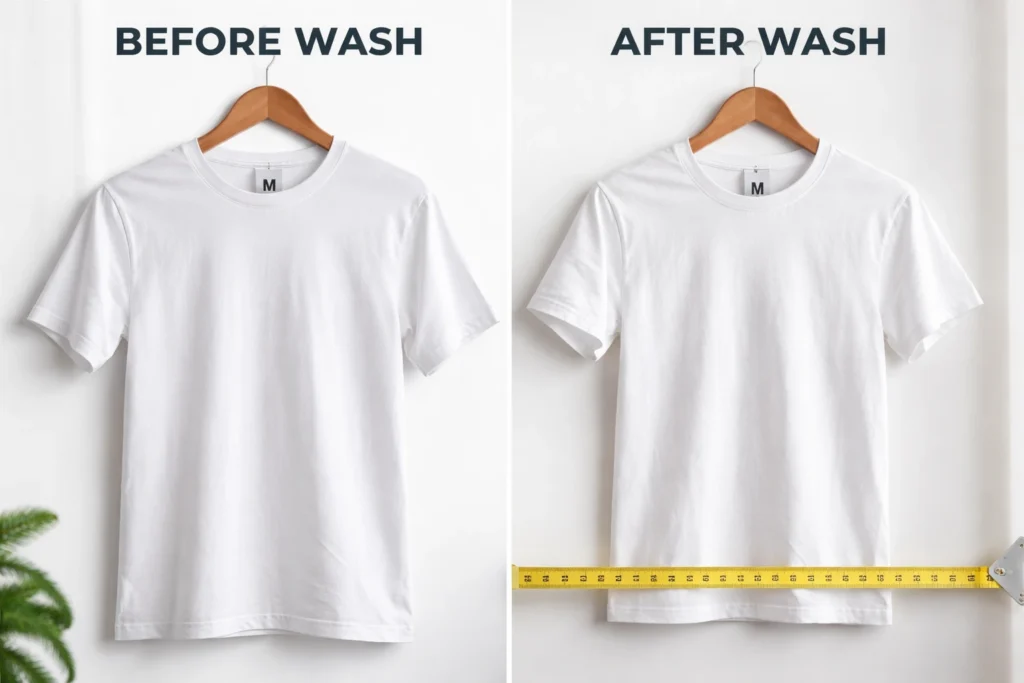 Before and after comparison of 100% cotton t-shirts showing shrinkage and size difference after washing.