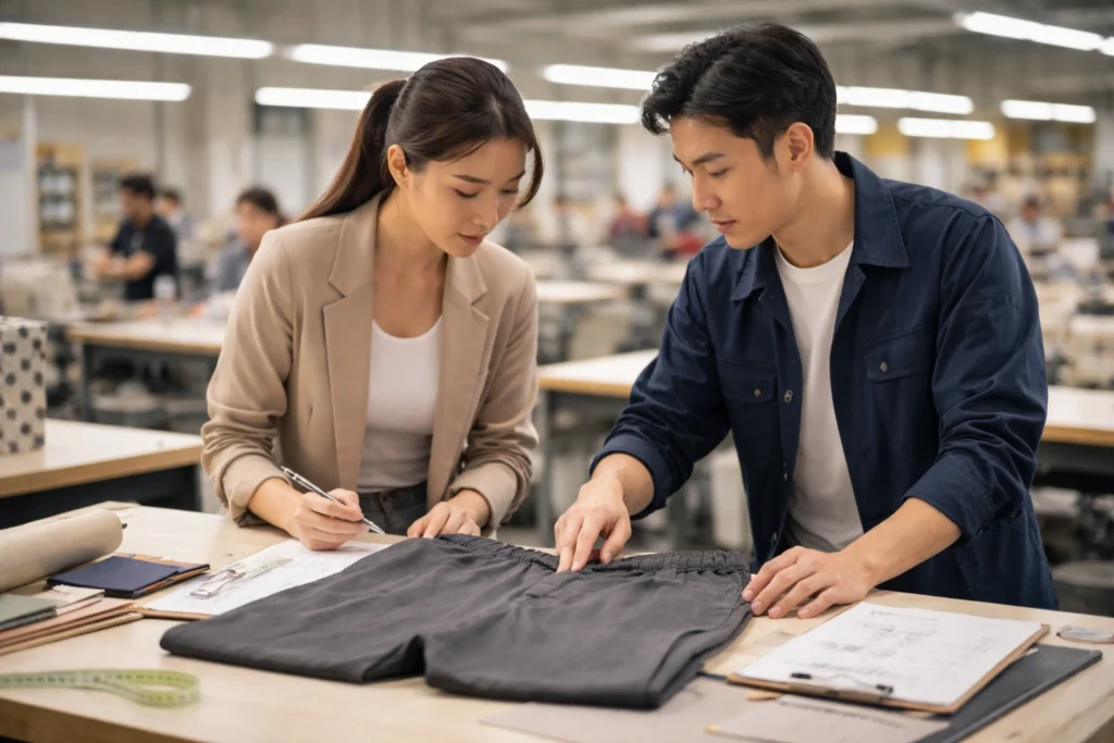 Garment professionals reviewing trouser design and waistband construction in a factory to improve apparel production cost and efficiency