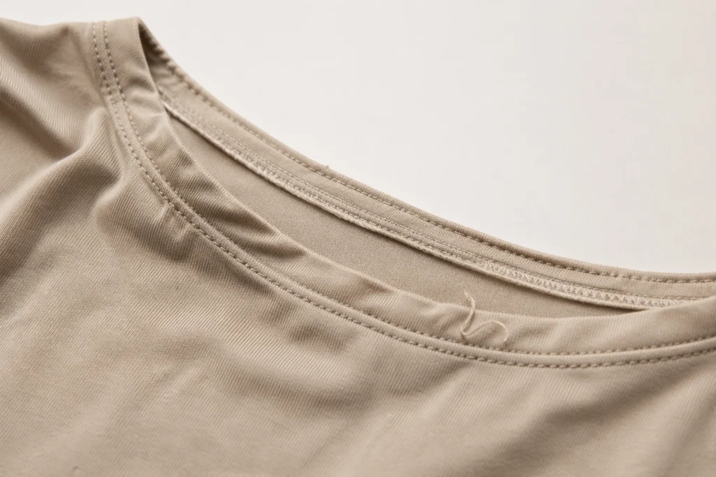Close-up of beige garment neckline with uneven stitching and loose thread showing why clothes look cheap.