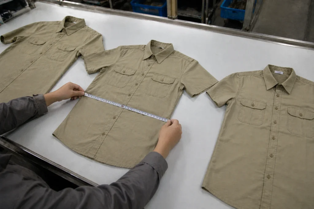 Factory quality control inspection showing garments with size differences and measuring tape highlighting why clothes look cheap