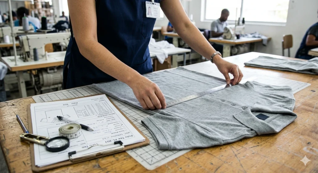 Technician reviewing tech pack and measuring polo shirt during garment quality control to fix why clothes look cheap