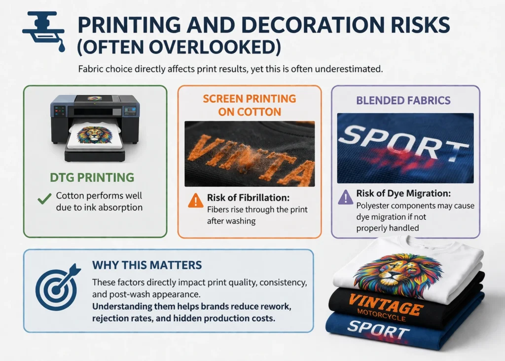 Comparison of print quality on cotton, cotton-polyester blend, and polyester fabric showing differences in ink absorption and surface texture