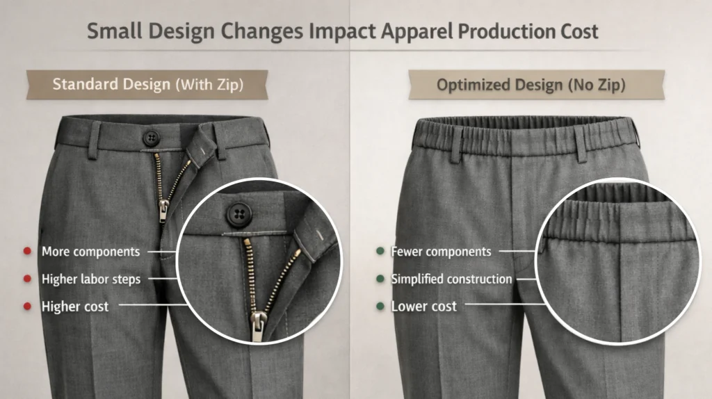 Comparison of trouser waistband designs showing zipper closure vs elastic waistband and their impact on Apparel Production Cost, efficiency, and construction complexity.