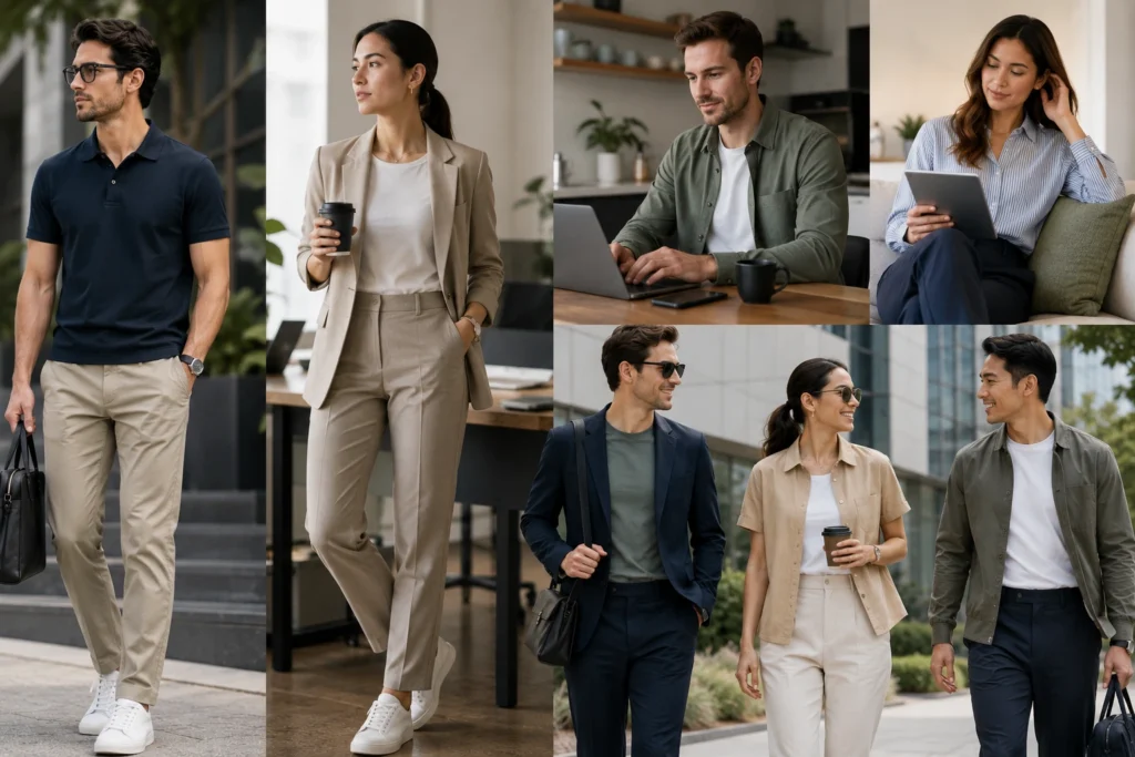 Workleisure market lifestyle apparel featuring professionals wearing modern workwear and smart casual clothing across office, commuting, and remote work environments