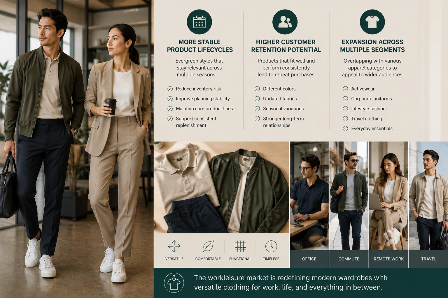 Workleisure market apparel showcasing versatile modern workwear, smart casual clothing, and functional fashion designed for office, commuting, travel, and hybrid work environments