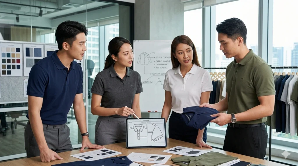 A team of Asian fashion professionals wearing polo shirts in a modern office, reviewing technical garment sketches on a tablet and inspecting fabric samples to ensure production consistency.