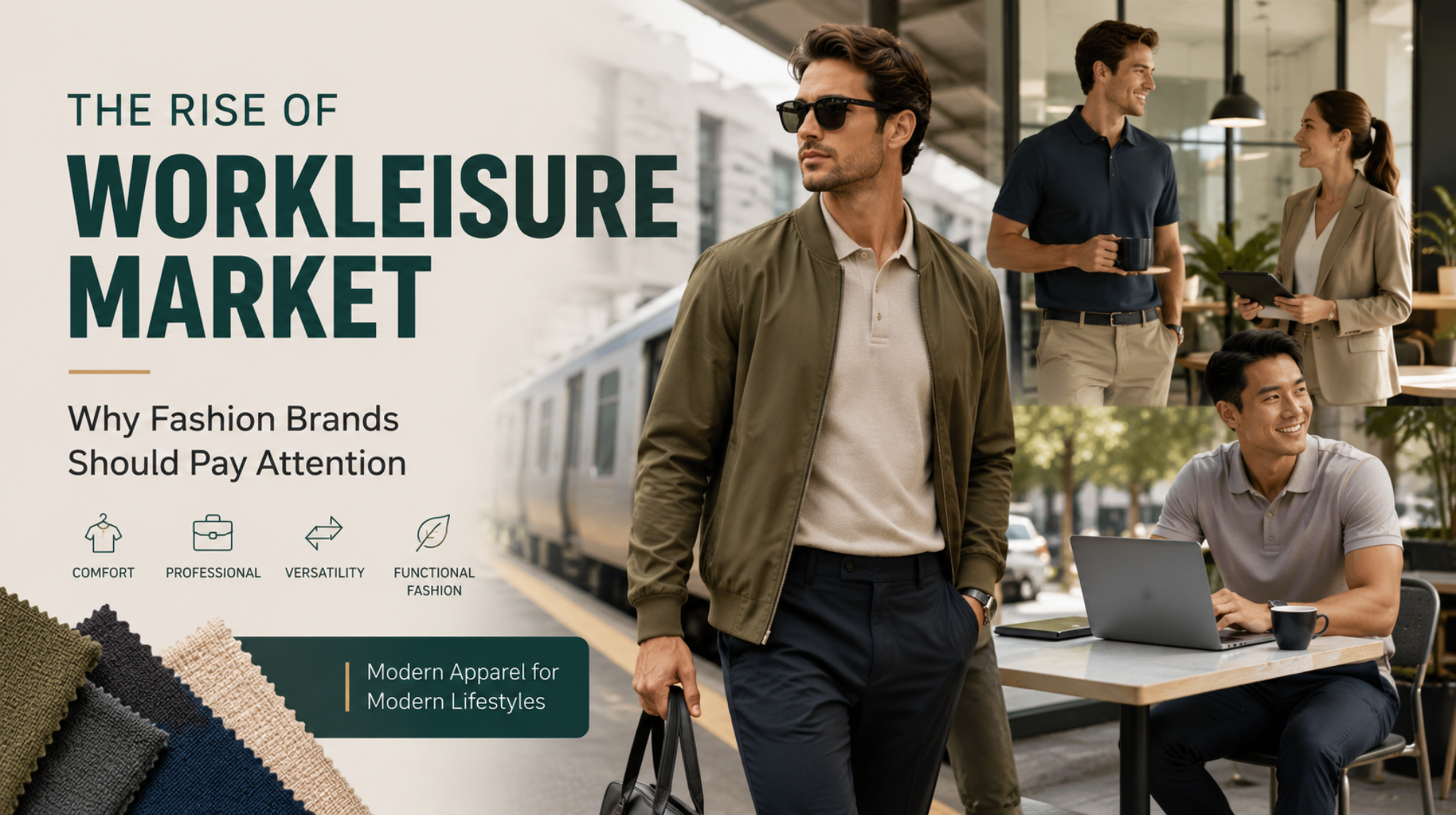 Workleisure market featured image showing modern professionals wearing smart casual and hybrid work apparel in flexible work environments