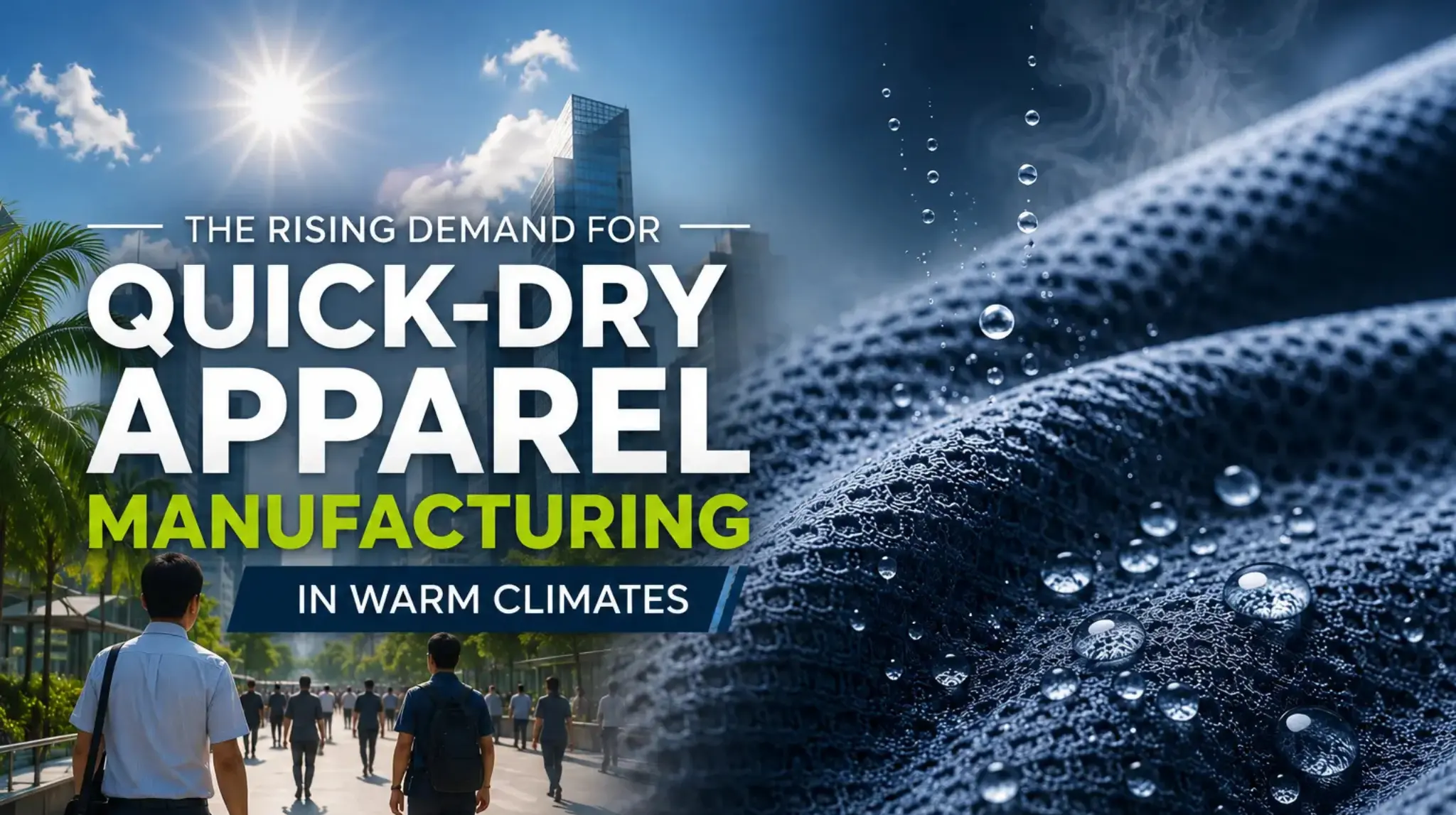 Quick-dry performance fabric and warm-climate city scene representing the growth of quick-dry apparel manufacturing for activewear, uniforms, and functional clothing.