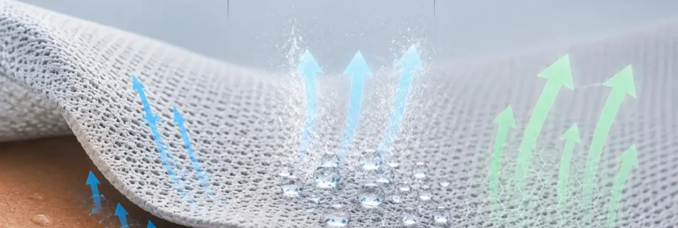 Performance fabric showing moisture-wicking, quick-dry, and breathable features for activewear and sportswear apparel.