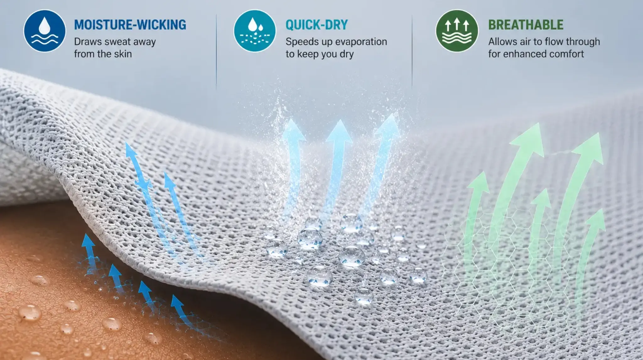 Performance fabric showing moisture-wicking, quick-dry, and breathable features for activewear and sportswear apparel.