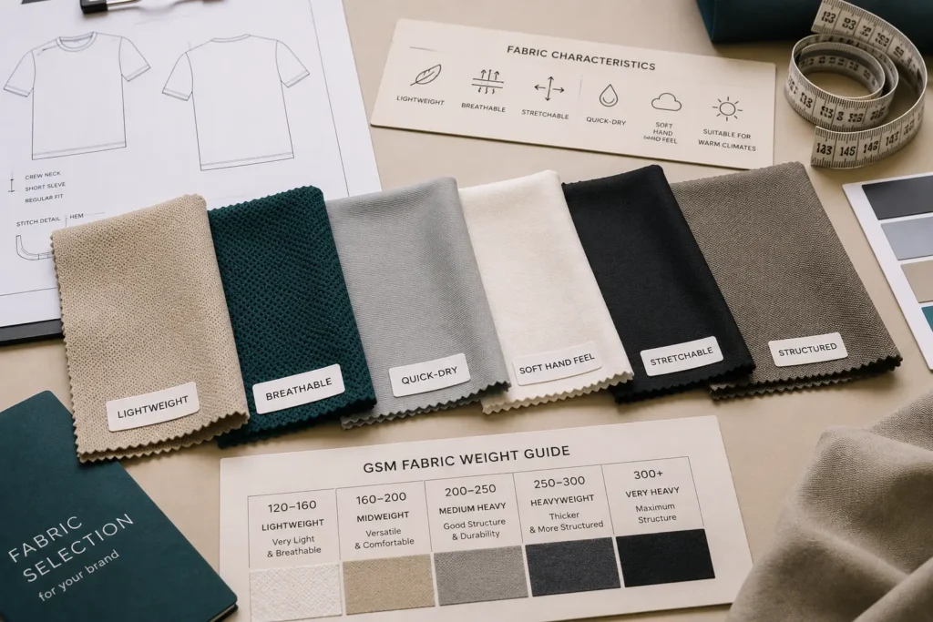 Clothing manufacturer fabric selection workspace showing lightweight, breathable, quick-dry, stretchable, and structured fabric swatches.