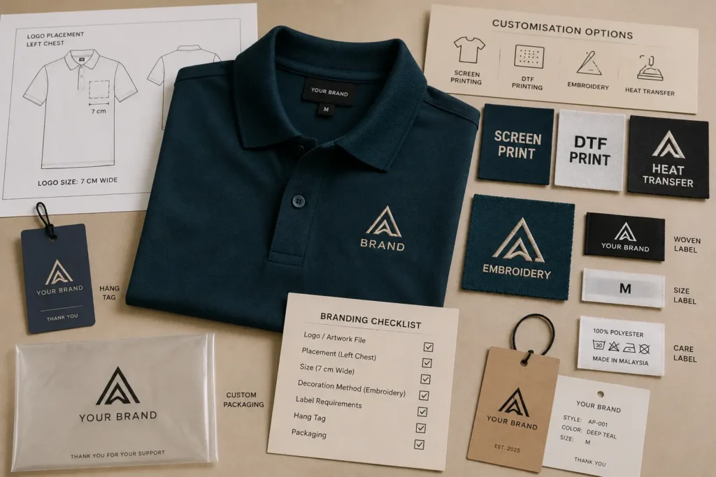 Clothing manufacturer customisation workspace showing embroidery, printing, woven labels, size labels, hang tags, and garment branding options.