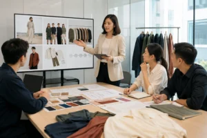 Preparing Brand Information Before Contacting a Clothing Manufacturer Business meeting between a clothing brand representative and a clothing manufacturer discussing brand information, product collection, target market, and production requirements.