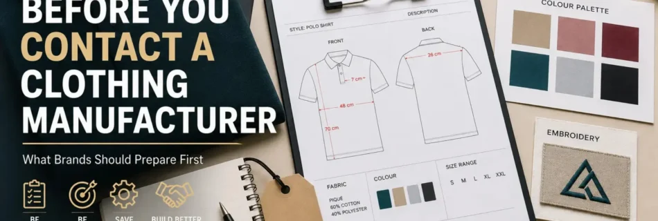 Clothing manufacturer preparation workspace showing a polo shirt, fabric swatches, technical sketch, colour palette, labels, and branding checklist.