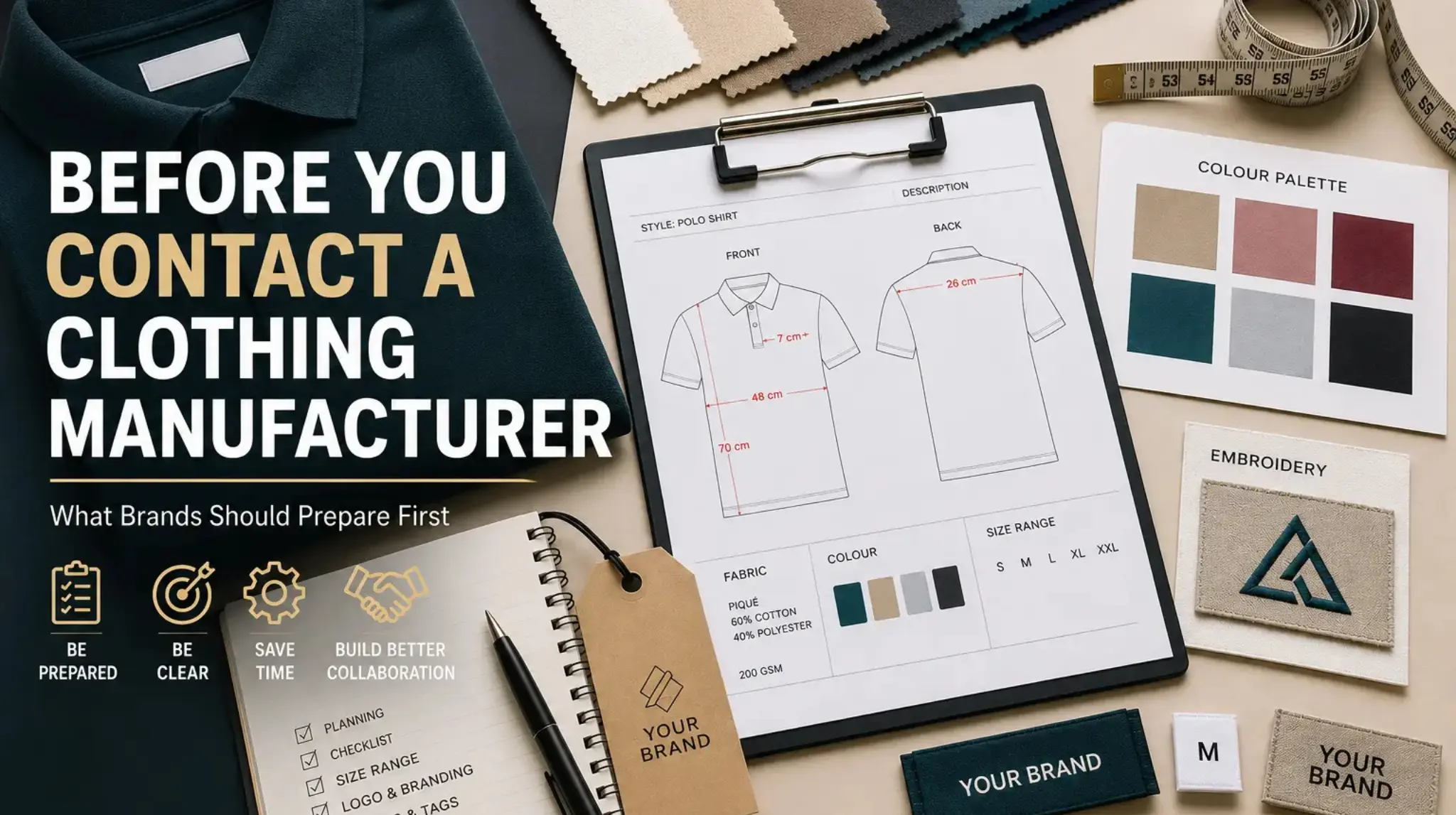 Clothing manufacturer preparation workspace showing a polo shirt, fabric swatches, technical sketch, colour palette, labels, and branding checklist.
