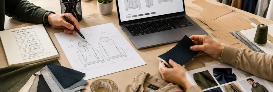 Apparel product development process featuring fabric sourcing, garment design sketches, pattern making, sample development, and production planning before manufacturing.