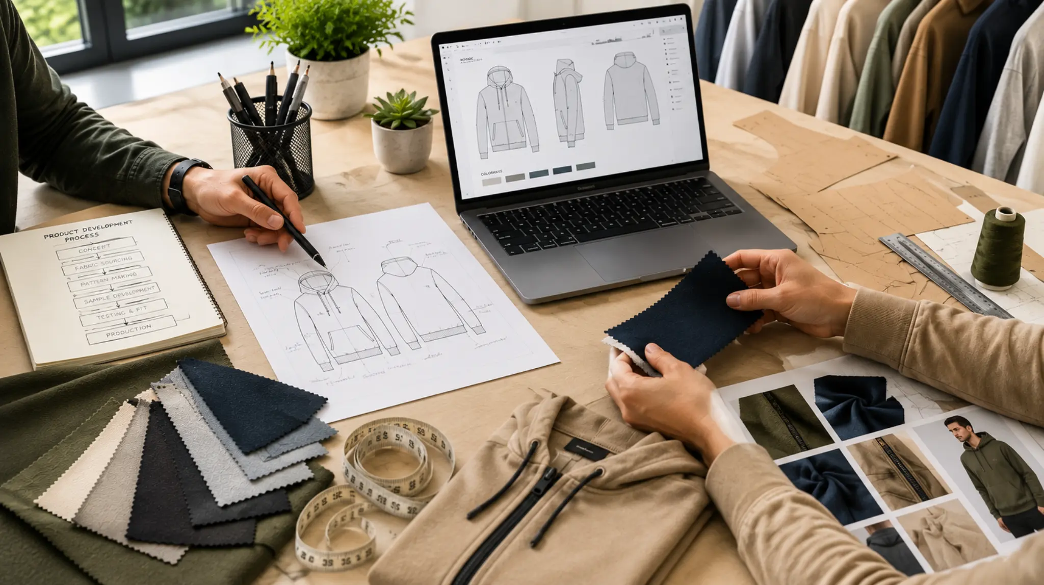Apparel product development process featuring fabric sourcing, garment design sketches, pattern making, sample development, and production planning before manufacturing.