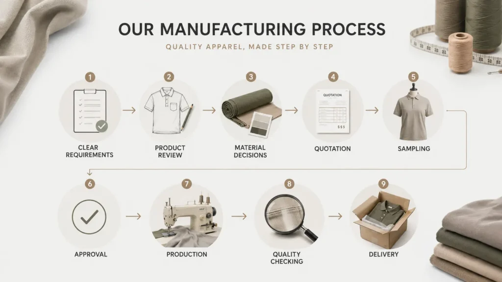Clothing Manufacturing Process showing the key stages of apparel production