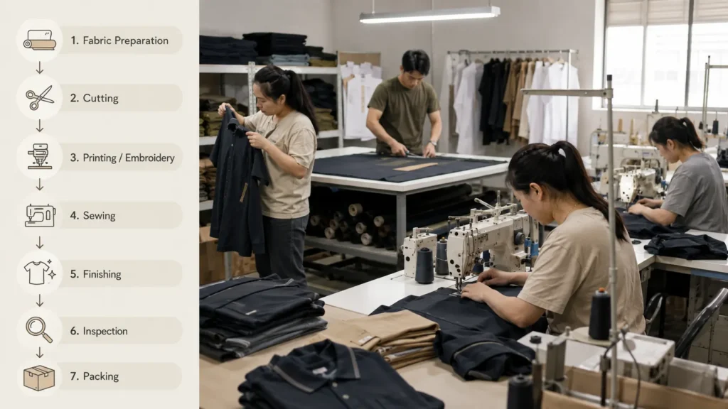Clothing Manufacturing Process showing fabric preparation, cutting, sewing, finishing, inspection, and packing