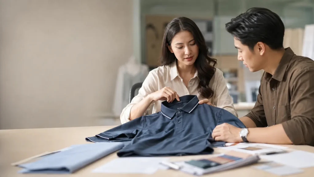 Clothing Manufacturing Process showing a clothing manufacturer and client reviewing a garment sample together