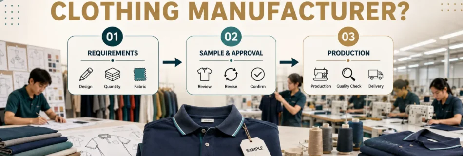 Clothing Manufacturing Process showing a polo shirt sample, fabric swatches, pattern pieces, and garment development materials